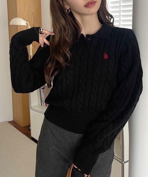 ポロシャツ ポロ 「Ada.別注 U.S. POLO ASSN」ケーブル 長袖 ニット ポロシャツ レディース