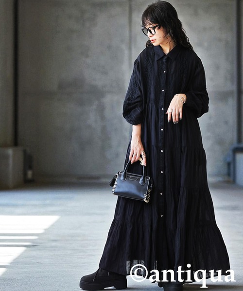 美品✨ティッカ 袖レース ロングシャツワンピース ブラック antiqua（アンティカ） シャツワンピース レース ロングワンピース