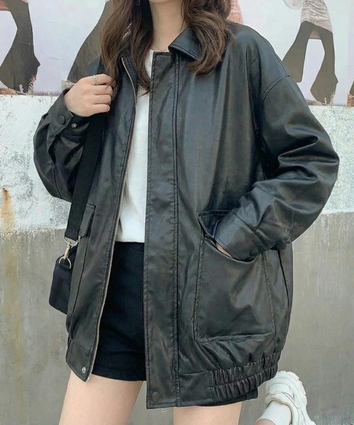 cammie コート アウター フェイクレザー襟付きジャケット レディース