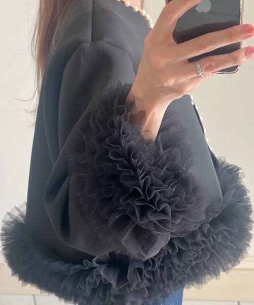 FOXEY　ノーカラー　ジャケット　フリル　ウール　シルク　リングダンス　40 deux amour ジャケット ノーカラージャケット パール付きフリル