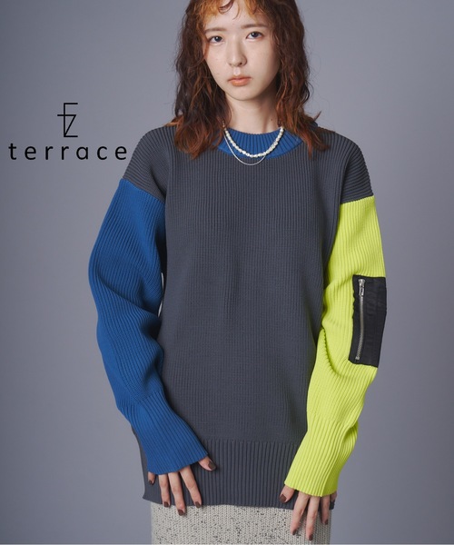 terrace ニット セーター ブロッキングカラーダイバーニットMA-1