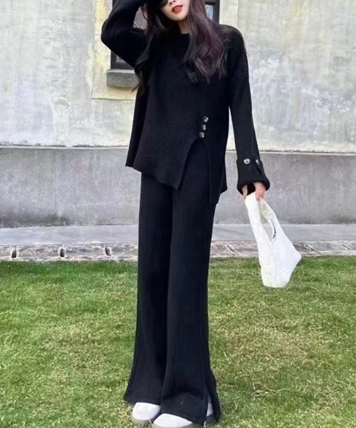 FAVORITO セットアップ ニットサイドスリットトップスワイドパンツ