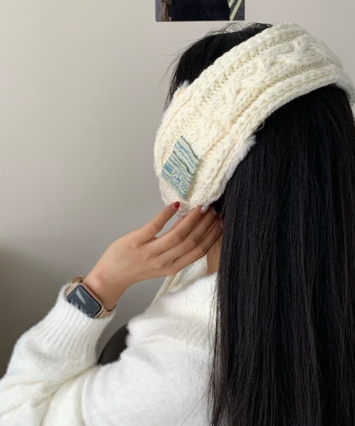 LACーVERT 耳当て イヤーマフ ケーブルニット編みバブーシュカ