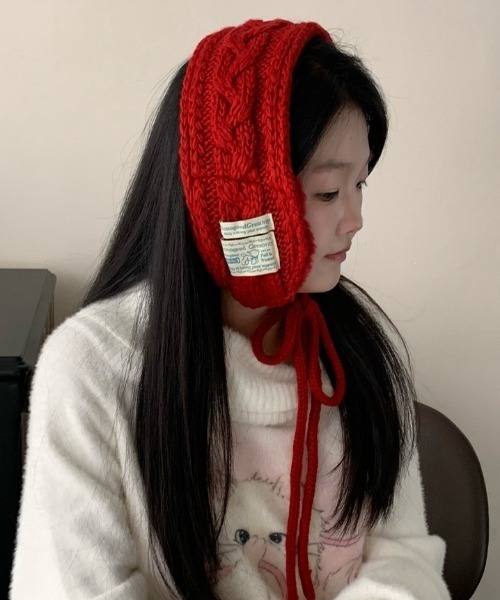 LACーVERT 耳当て イヤーマフ ケーブルニット編みバブーシュカ