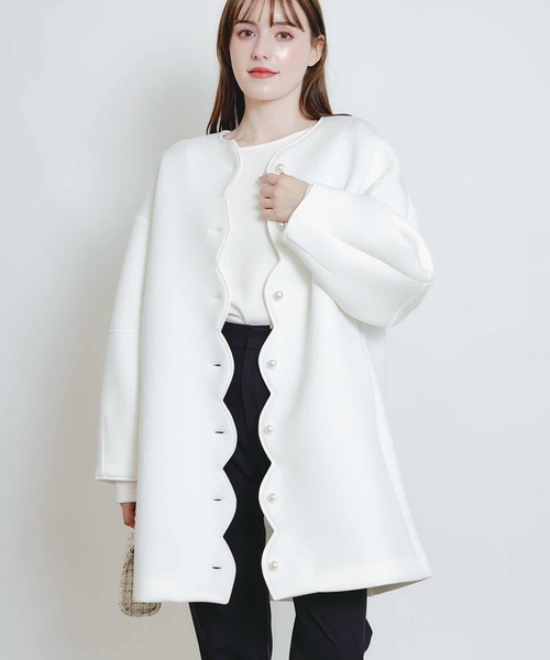 pokipcee ノーカラーコート　ジャケット PICCIN PERLA ノーカラーコート コート スカラップボンディングコート