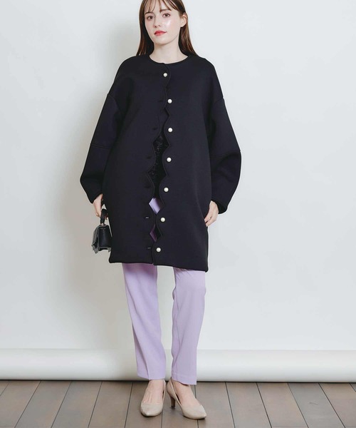 Cygne スカラップコート黒 PICCIN PERLA ノーカラーコート コート スカラップボンディングコート