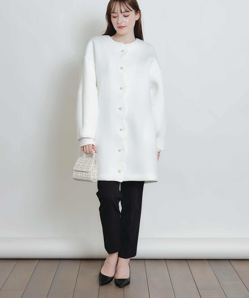 PICCIN ノーカラー ロングコート パール ポケット ホワイト フォーマル PICCIN PERLA ノーカラーコート コート フリルポケットコート