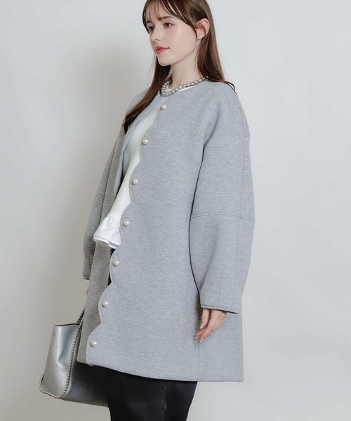 PICCIN グレー ロングコート パールボタン付き PICCIN PERLA ノーカラーコート コート パールポケットコート