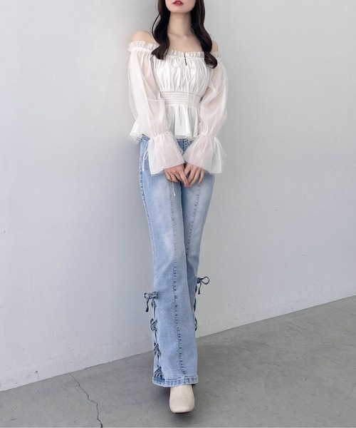 チュールオフショルブラウス♡ INGNI（イング） ブラウス シャツ チュールオフショルブラウス