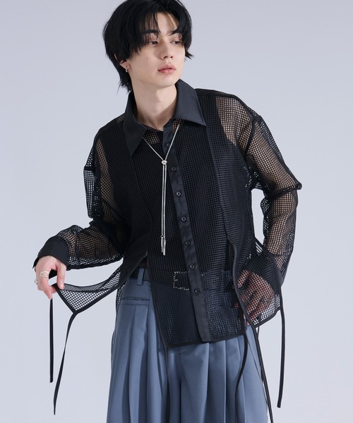 ROOSTER メッシュシャツ XL 黒銀 ルースター Ellno Loset（エルノロゼット） シャツ メッシュレースコードシャツ