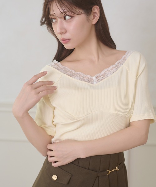 Ambre Neige（アンブルネージュ） tシャツ 半袖 lace docking rib tops 