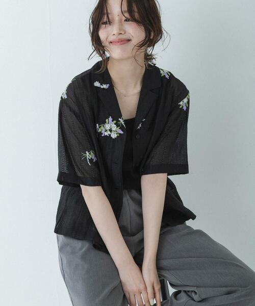 ブラウス シャツ フラワー刺繍ジャガードシャツ レディースの画像