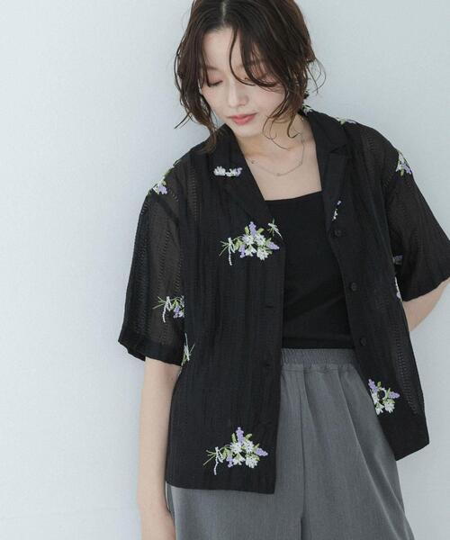 ブラウス シャツ フラワー刺繍ジャガードシャツ レディースの画像