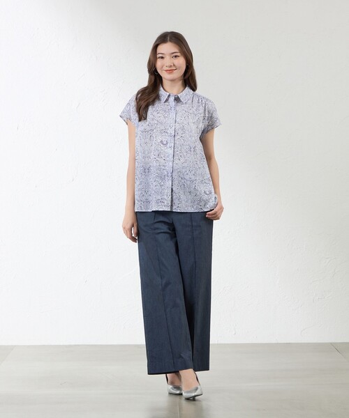 新品 AMACA アマカ ブラウス 半袖 38 M 総柄 AMACA（アマカ） ブラウス シャツ 半袖 「LIBERTY」Indigo Morris