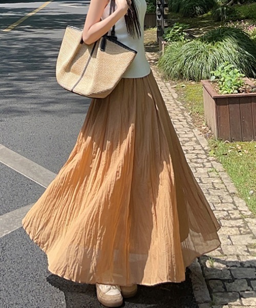 ロング スカート リネン混 ギャザー アシンメトリー フレアスカート