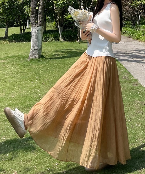 ロング スカート リネン混 ギャザー アシンメトリー フレアスカート