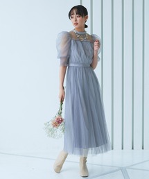 ドレスワンピース ギャザー ロングスリーブ リュクス r-2655 RUIRUE BOUTIQUE ドレス 「オケージョン対応」チュールギャザー