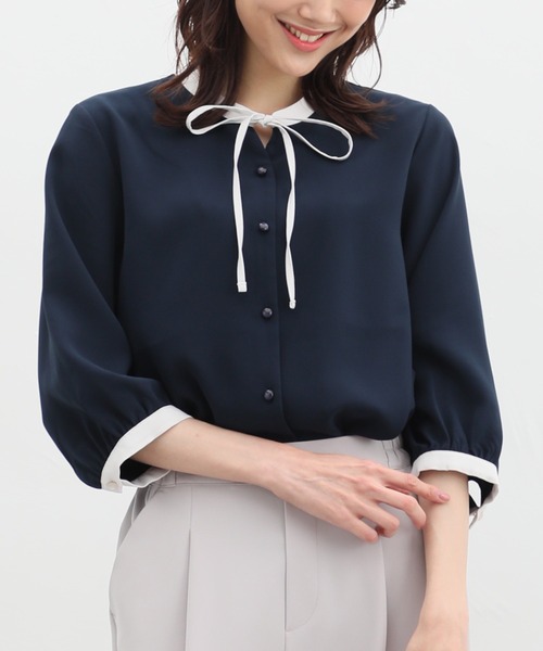 Honeys（ハニーズ） ブラウス シャツ 7分袖配色リボンブラウス