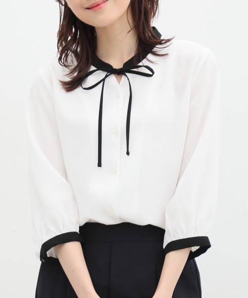 Honeys（ハニーズ） ブラウス シャツ 7分袖配色リボンブラウス