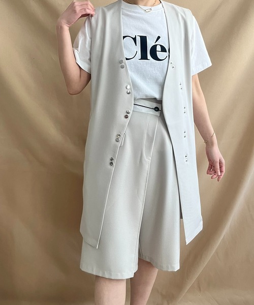 ベスト ジレ カーブ釦ドロストジレ レディース LHELBIE ベスト ジレ カーブ釦ドロストジレ レディース