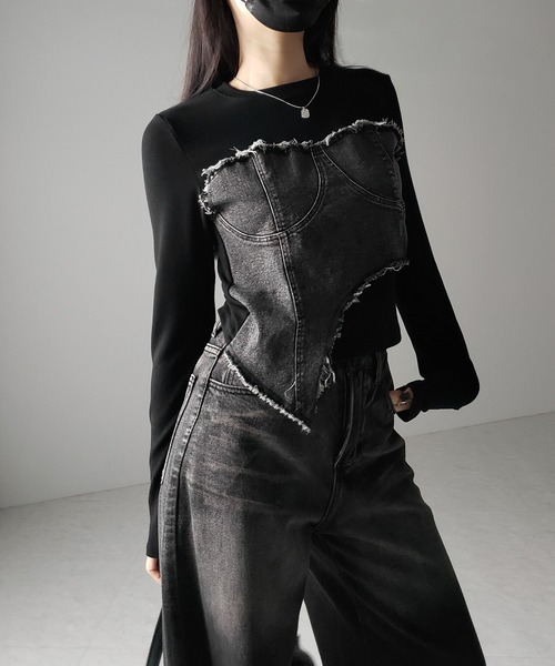 minsobi 袖切り替え ダメージデニム ロンT me+em select（ミームセレクト） tシャツ 「 2color 」ダメージデニム