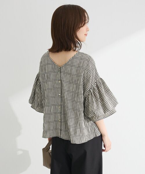Green Parks　フロント開きギャザー5分丈袖ブラウス　チェックブラック Green Parks ブラウス シャツ 前後2way袖バルーンギンガム