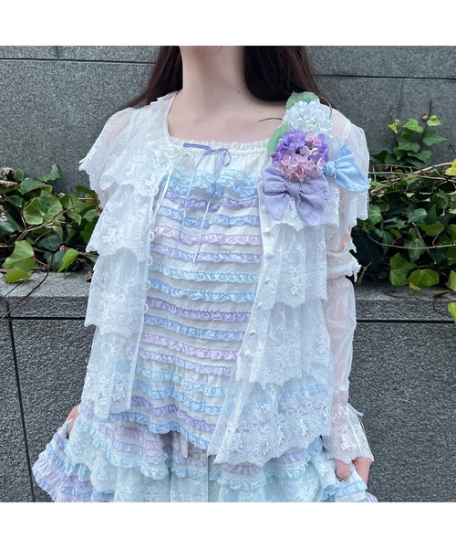 PINK HOUSE ブラウス シャツ あじさい柄レースフリル使い