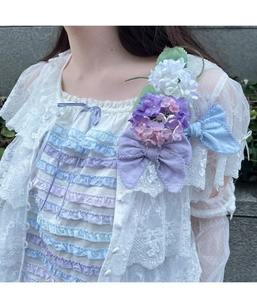 ピンクハウス　薄紫 レース フリル 長袖ブラウス PINK HOUSE ブラウス シャツ あじさい柄レースフリル使い