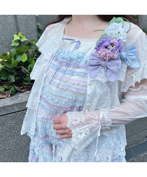レア！ピンクハウス カネコイサオ フリル付き 水色半袖トップス PINK HOUSE ブラウス シャツ あじさい柄レースフリル使い