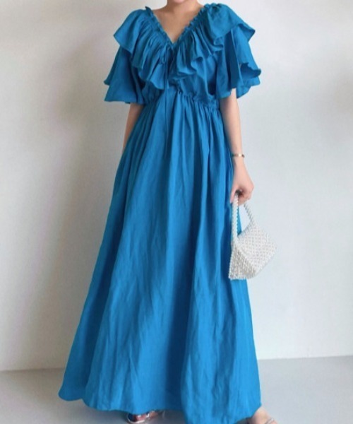 フレンチ風 フリルVネック Aラインワンピース 上品 ゆったり フリルデザインVネックロングワンピース | ur's（ユアーズ）