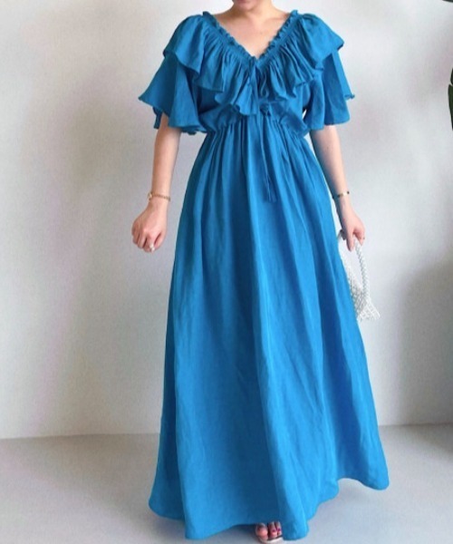 Aelina ワンピース デザインVネックフリルロングワンピース : ZOZOTOWN