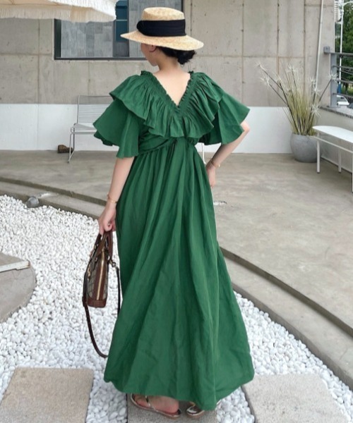 Aelina ワンピース デザインVネックフリルロングワンピース : ZOZOTOWN