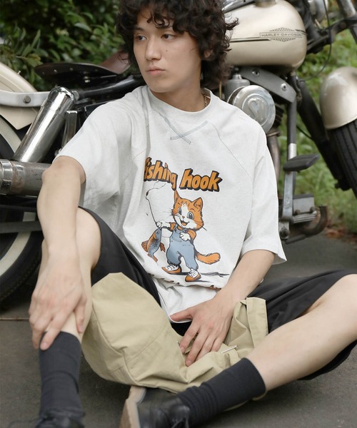 tシャツ HOOK -original- アメリカンカートゥーン釣り猫プリント