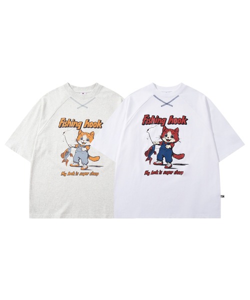 tシャツ HOOK -original- アメリカンカートゥーン釣り猫プリント
