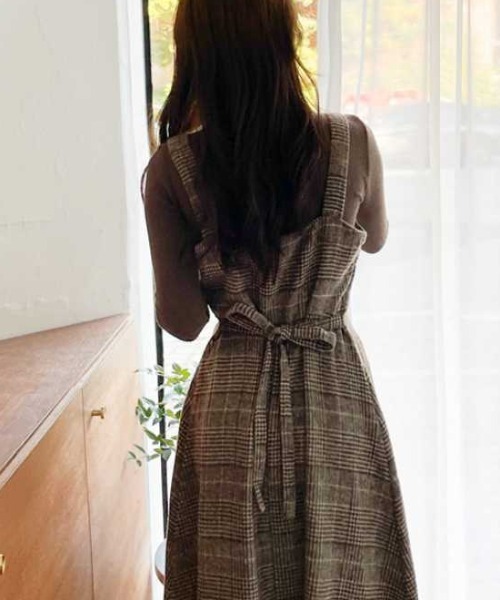 cammie ワンピース バックリボンフロントボタンチェックワンピース