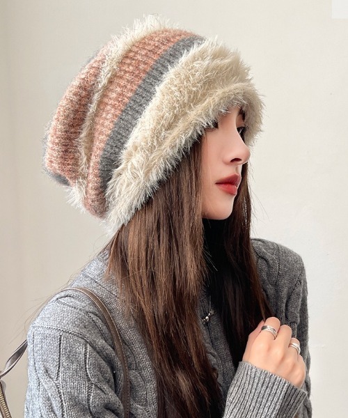 ニット帽 ニットキャップ シャギーマルチボーダービーニー レディース