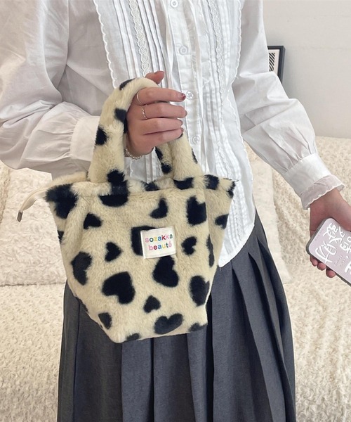 VIBGYOR トートバッグ Mignonjour/ハート ヒョウ柄もこもこミニトート