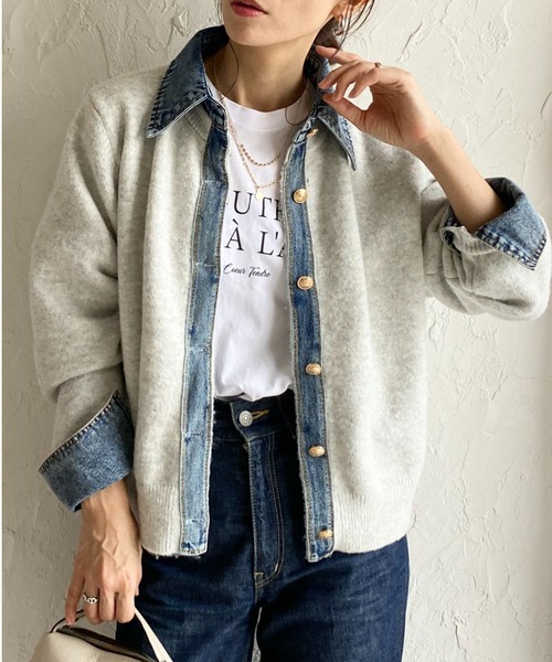 She's Closet カーディガン フェイクレイヤード異素材ドッキングデニム