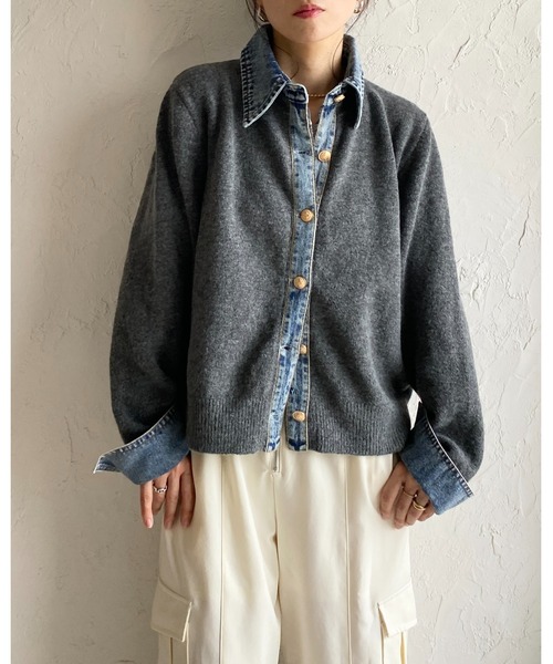 She's Closet カーディガン フェイクレイヤード異素材ドッキングデニム