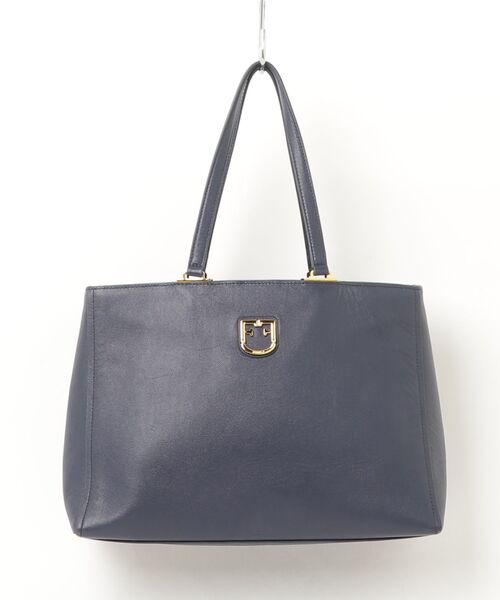 フルラ FURLA トートバッグ カレッジトート レザー ネイビー ほぼ新品 FURLA フルラ トートバッグ ネイビー グレー バイカラー レザー 本革