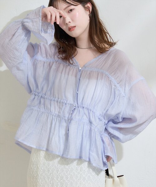 完売シャーリングシアーブラウス natural couture ブラウス シャツ シャーリングセミシアーブラウス