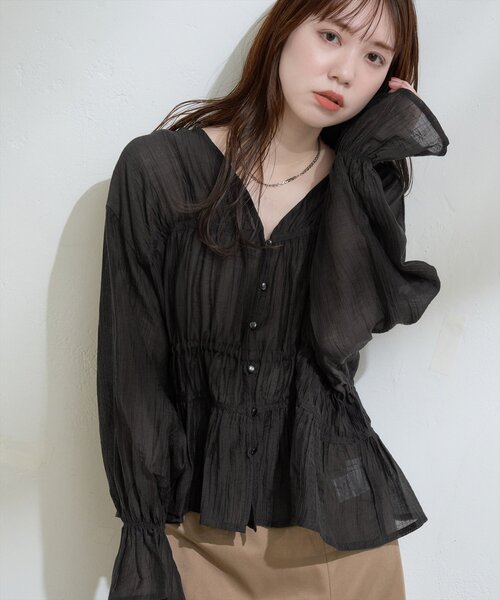 完売シャーリングシアーブラウス natural couture ブラウス シャツ シャーリングセミシアーブラウス