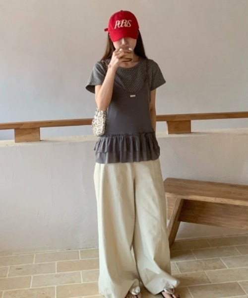 DIAVEL tシャツ 半袖 「2点セット」ドット柄Tシャツ×シアーフリル
