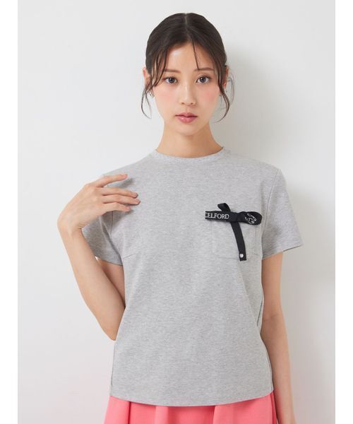 tシャツ ロゴ刺繍リボン付きカットソー レディースの画像