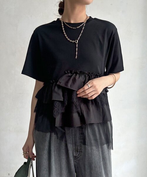 DouDou（ドゥドゥ） tシャツ 「WEB限定」異素材切替フリルTEE