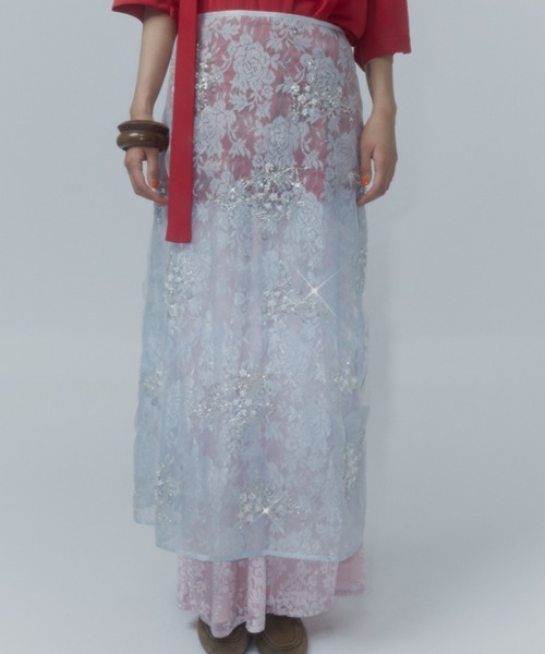 ロング スカート Flower spangle wrap skirt/フラワースパンコール
