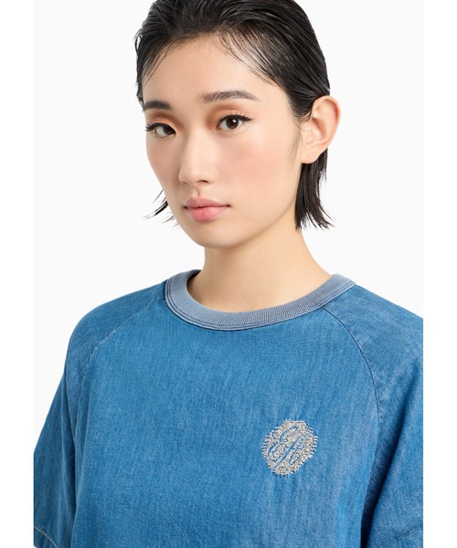 ブラウス シャツ 「エンポリオ アルマーニ」半袖ブラウス ライトデニム ルレックスロゴ刺繍 レディース EMPORIO ARMANI ブラウス シャツ 「エンポリオ アルマーニ」半袖
