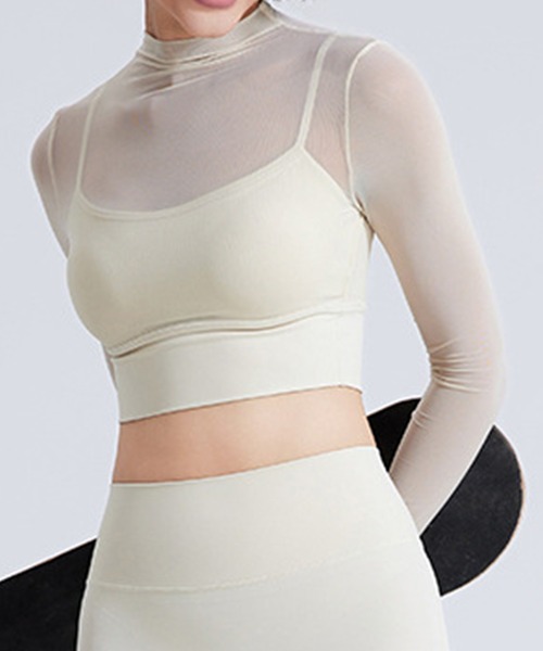 DAY CLOSET レディース 長袖シースルーブラ一体型メッシュヨガトップス