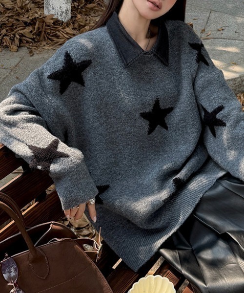 LACーVERT ニット セーター 「つけ襟セット」 バイカラーチェリー/星柄