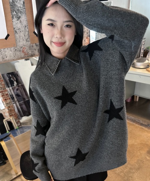 LACーVERT ニット セーター 「つけ襟セット」 バイカラーチェリー/星柄